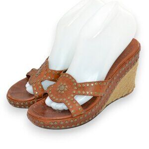 ASH Gold Studded Stud Rust Brown Tan Leather Sandals Espadrilles Wedges 38 7-7.5